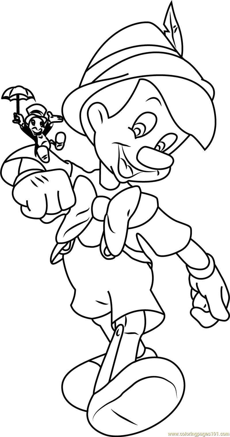 Pinocchio with jiminy cricket coloring page for kids