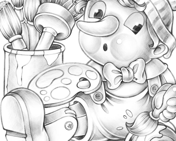 Pinocchio kids coloring page printable pdf fairy tale grayscale coloring book page children illustration scenery digtal stamp download instant download