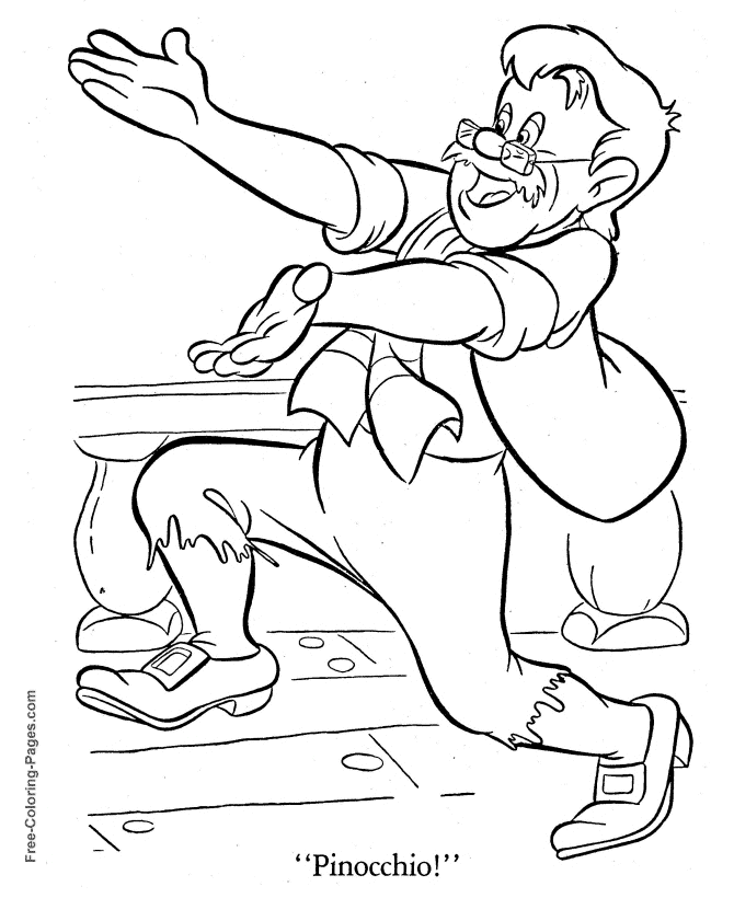 Gepetto finds pinocchio coloring page