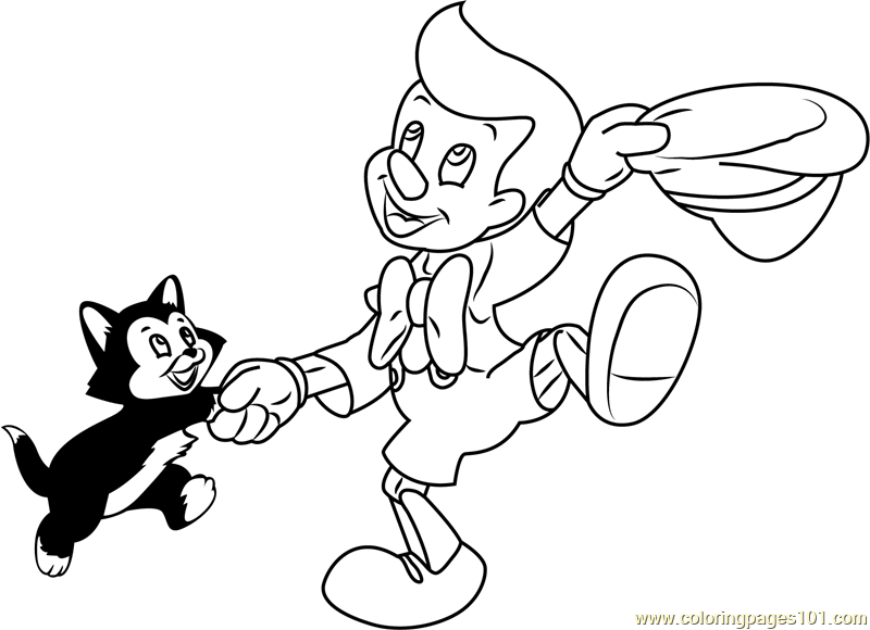 Pinocchio dancing with cat coloring page for kids