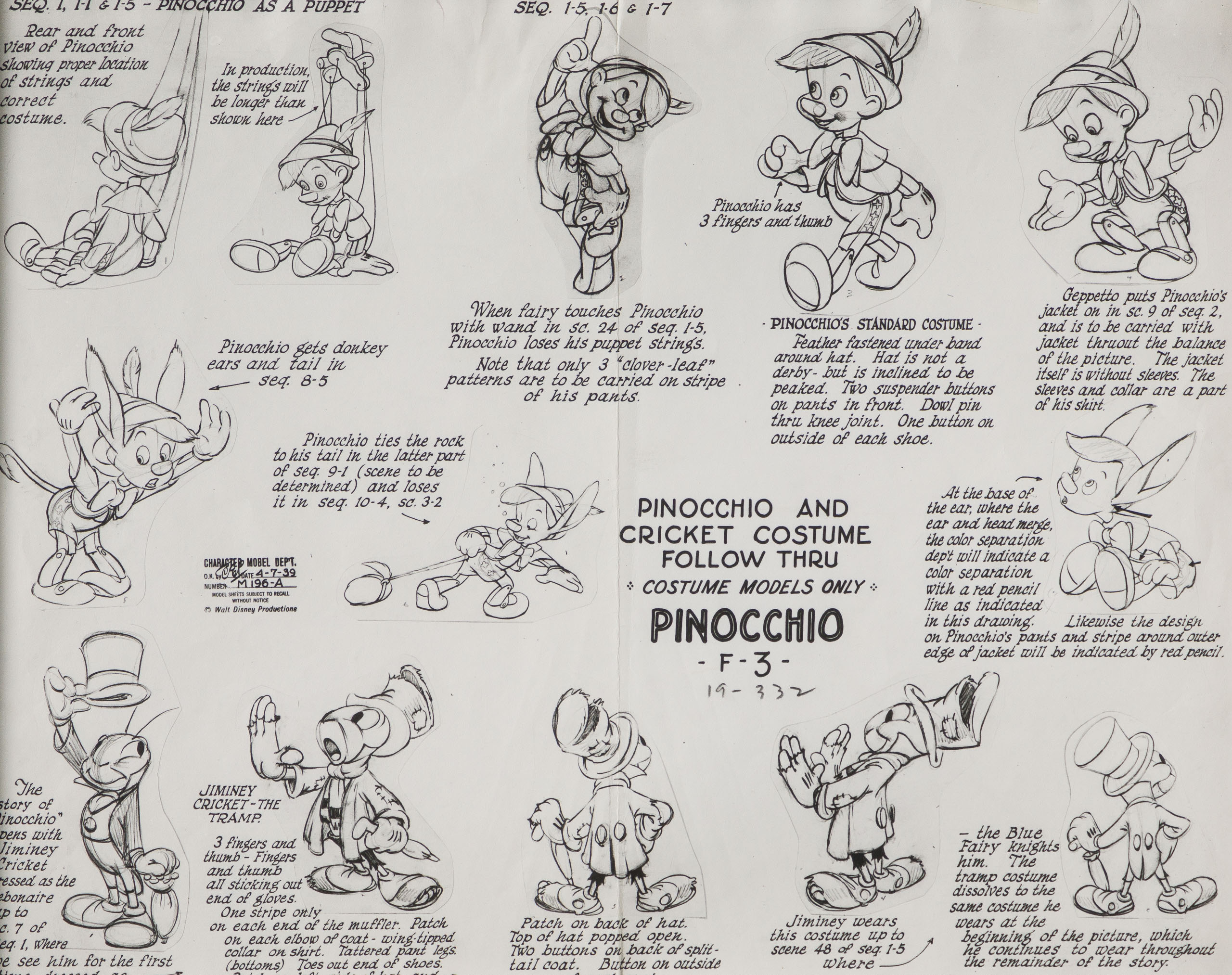 Pinocchio pinocchio and cricket costume follow thru model sheet disney vintage castle fine art