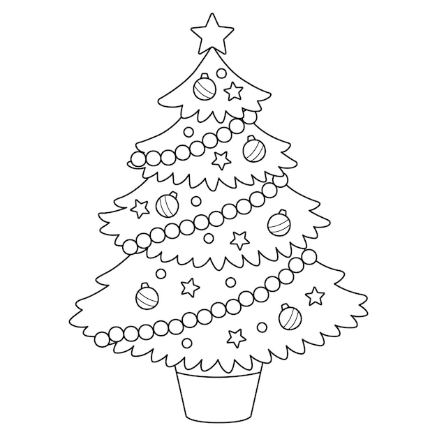 Premium vector coloring book christmas decorated tree with an angel figurine on topsweets christmas ballsvector