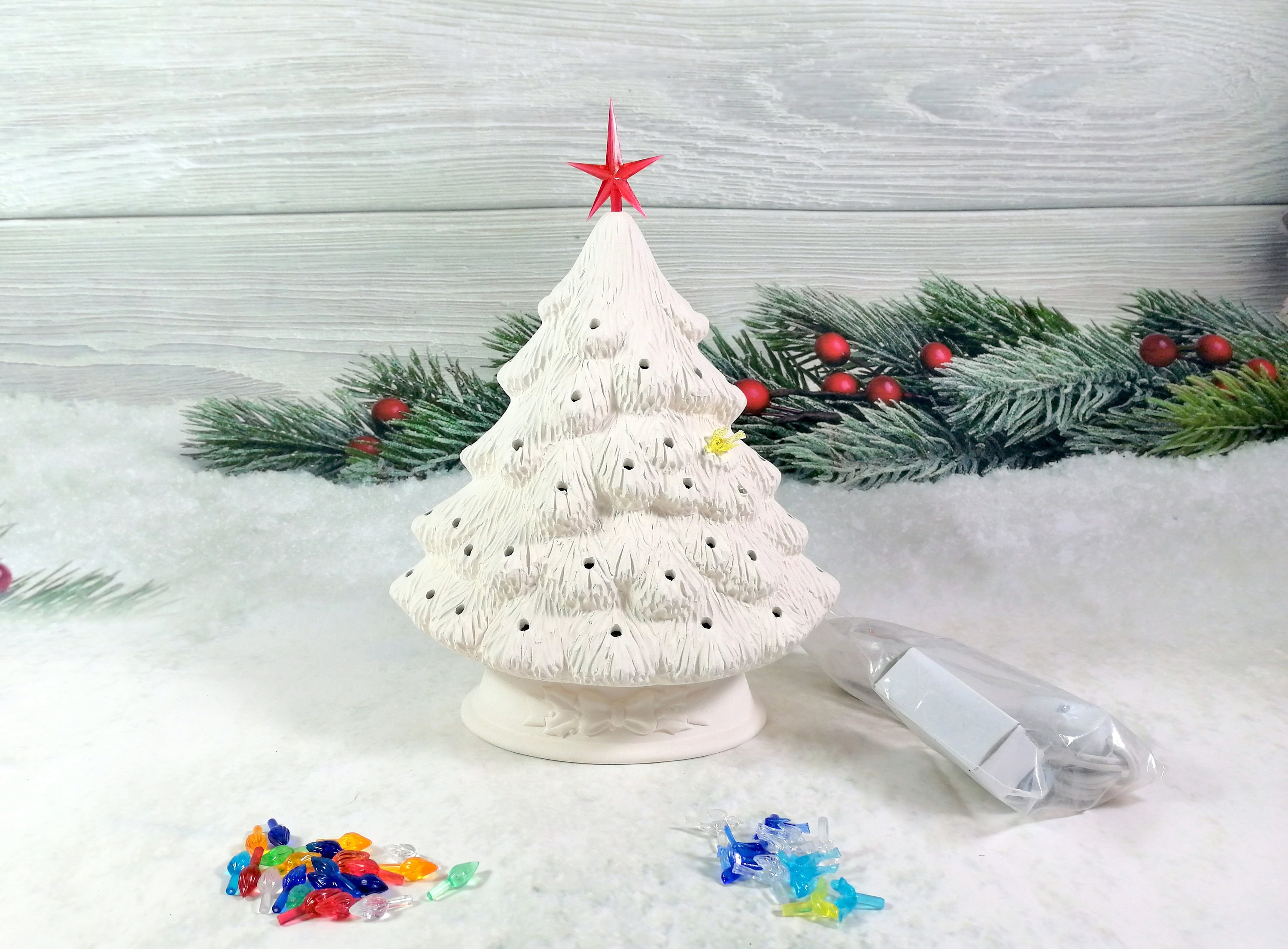 Ready to paint kit medium ceramic mantel christmas tree unpainted with holly leaf base inches with base