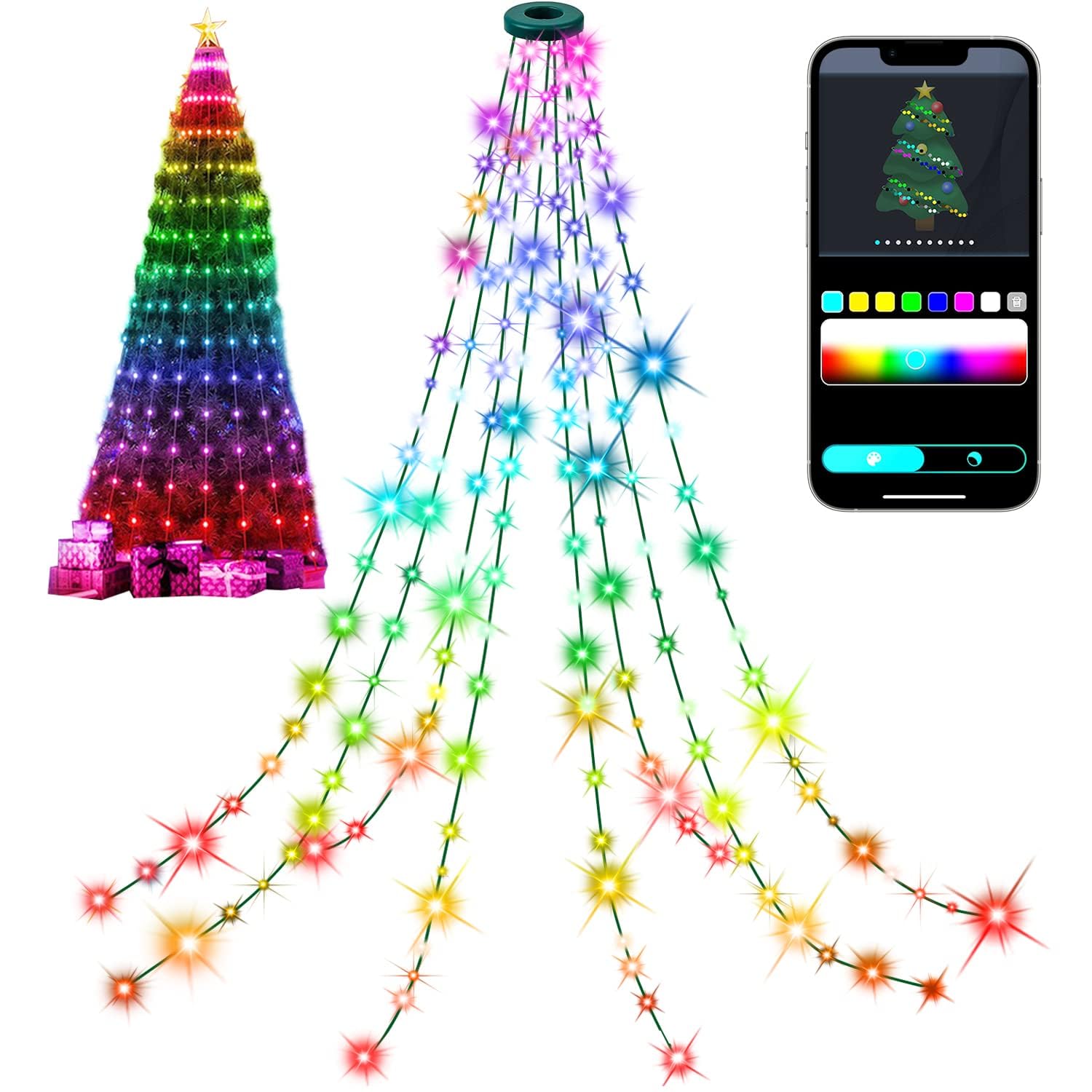 Smart christmas tree lights ftã drop line modes multi color changing led lights with app control remote control timer indoor outdoor christmas tree fairy string lights xmas party decoration