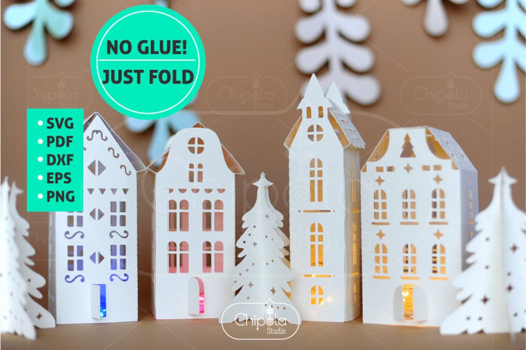 D christmas houses and trees template svg decoration lantern paper model winter village cut file new year laser cut silhouette cricut