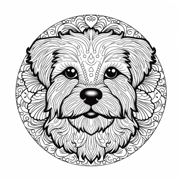 Una pãgina para colorear con la cara de un perro en un marco circular ai generativo foto premium