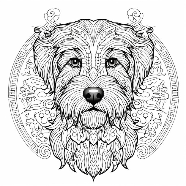 Una pãgina para colorear con la cara de un perro en un marco circular ai generativo foto premium
