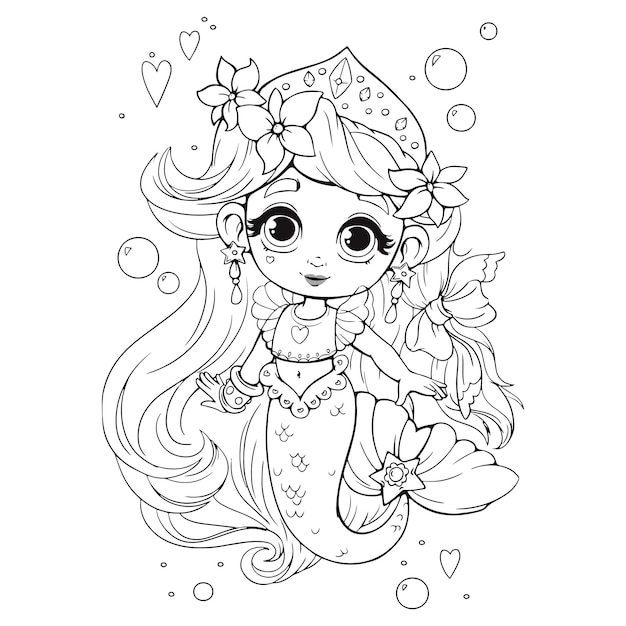 Premium vector cute little mermaid with crown coloring book coloring book for girls beautiful anime style mermaid