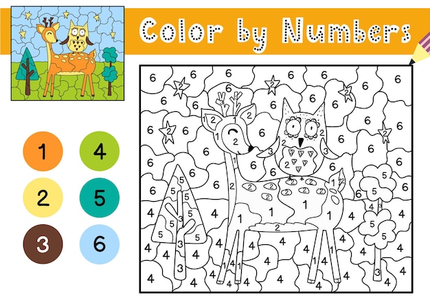 Premium vector color by numbers game for kids coloring page with a cute deer and owl printable worksheet with solution