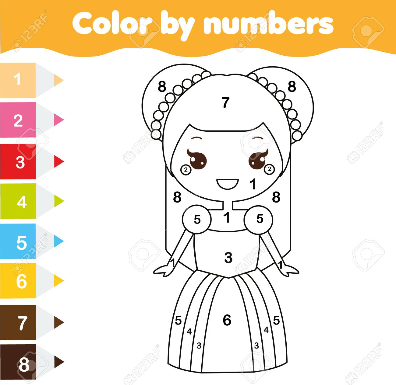 Color by numbers educational children game coloring page for kids cute princess printable drawing activity royalty free svg cliparts vectors and stock illustration image