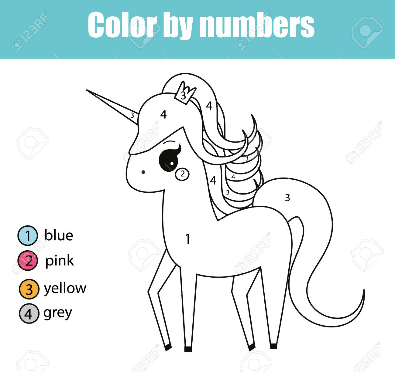 Coloring page with cute unicorn character color by numbers educational children game drawing kids activity printable sheet royalty free svg cliparts vectors and stock illustration image