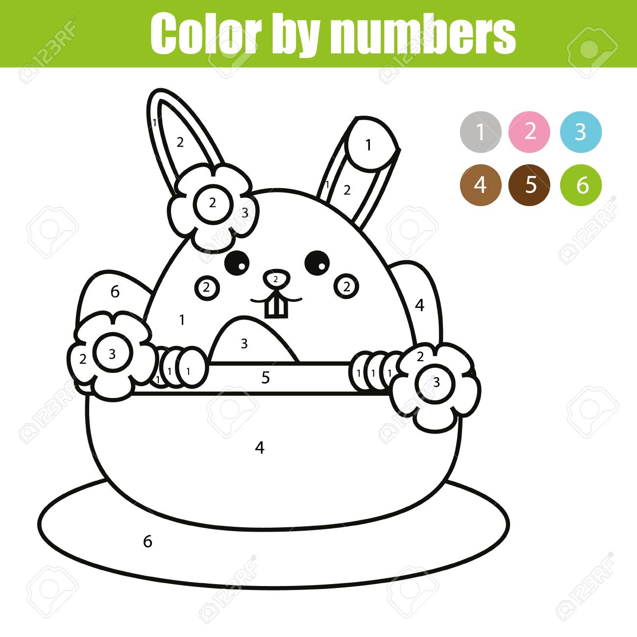 Coloring page with easter bunny character color by numbers educational children game drawing kids activity printable sheet rabbit in busket with eggs royalty free svg cliparts vectors and stock illustration image