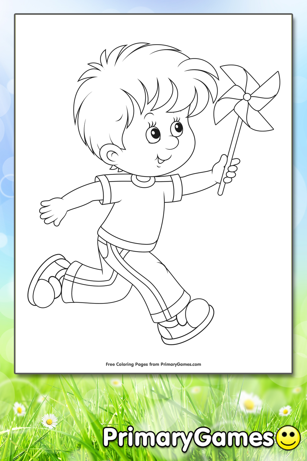 Boy playing with a pinwheel coloring page â free printable pdf from