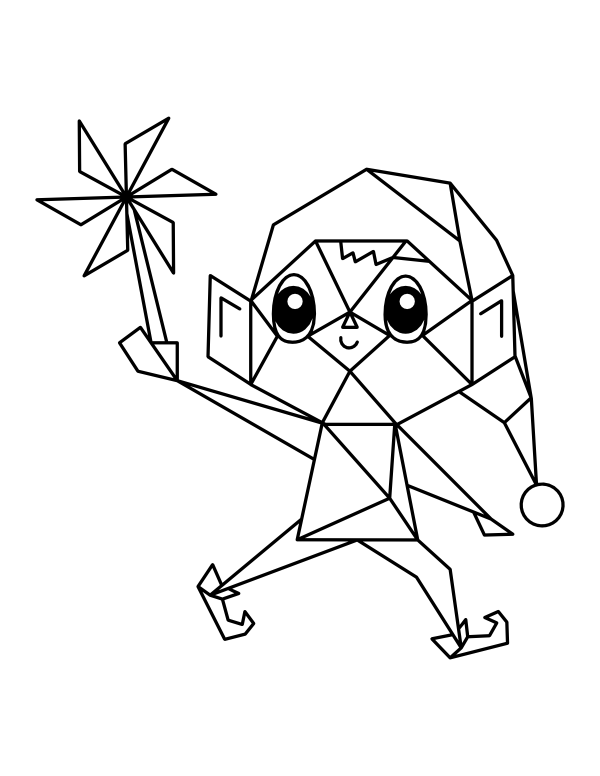 Printable geometric christmas elf with pinwheel coloring page