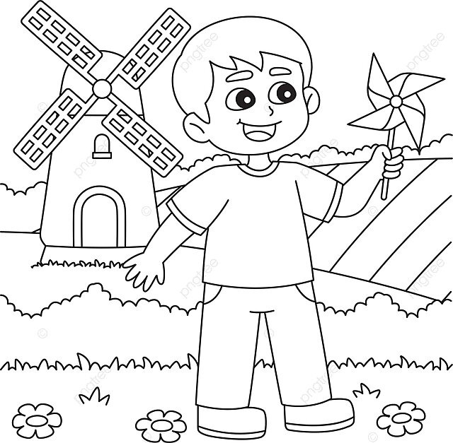 Spring boy holding a pinwheel coloring page sunny pinwheel colouring book vector sunny pinwheel colouring book png and vector with transparent background for free download
