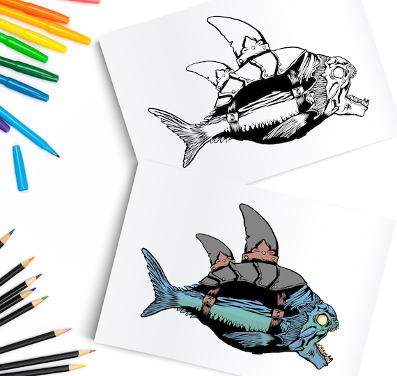 Fake shark piranha printable digital download funny fish coloring page