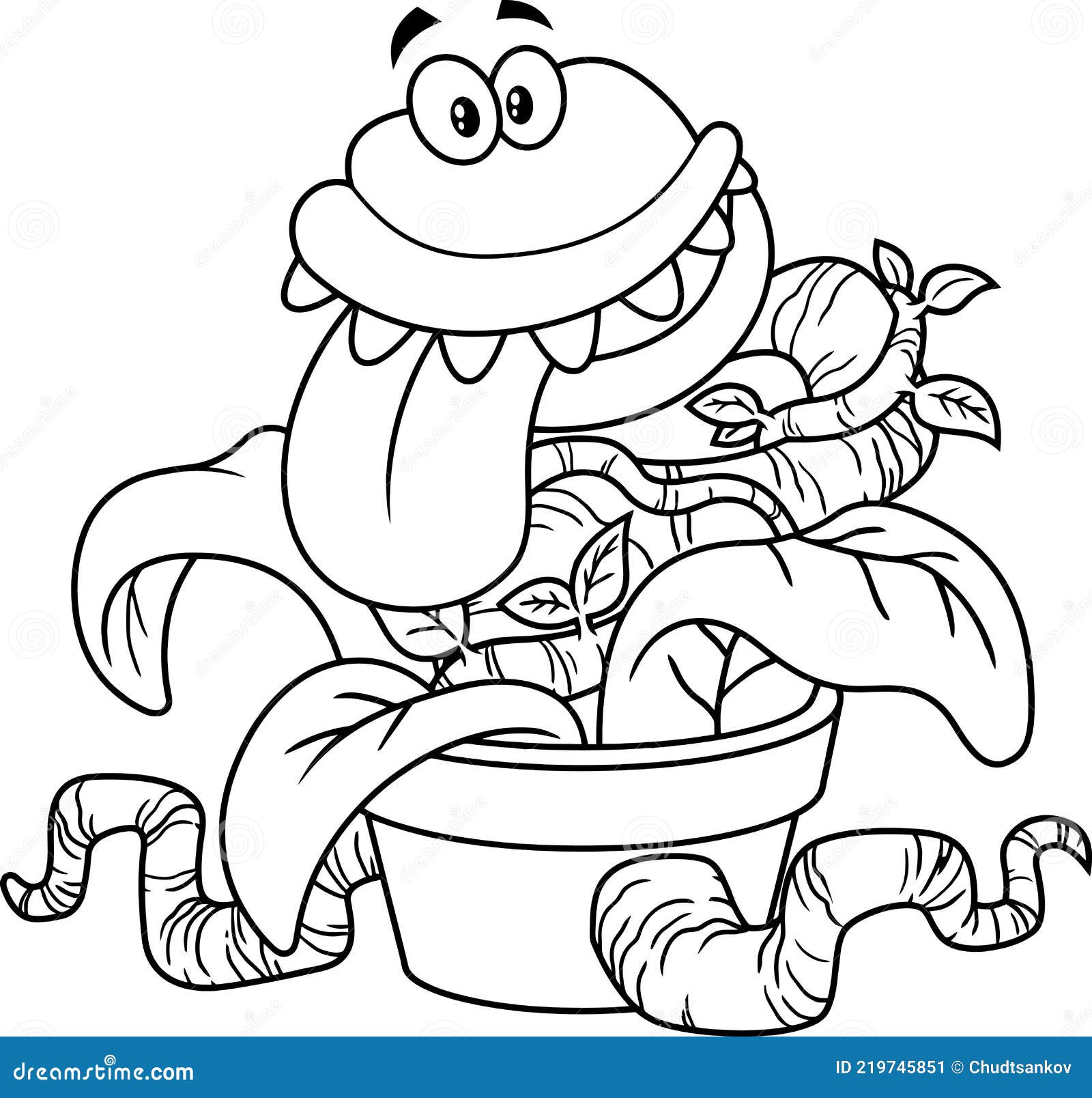 Outlined crazy evil carnivorous plant cartoon character stock vector