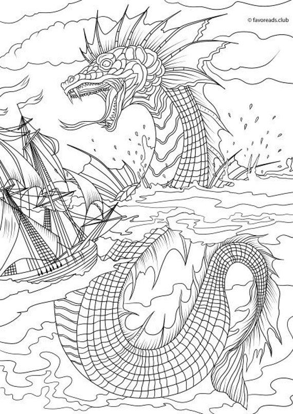 Sea monster printable adult coloring page from favoreads coloring book page for adults and kids coloring sheets coloring designs