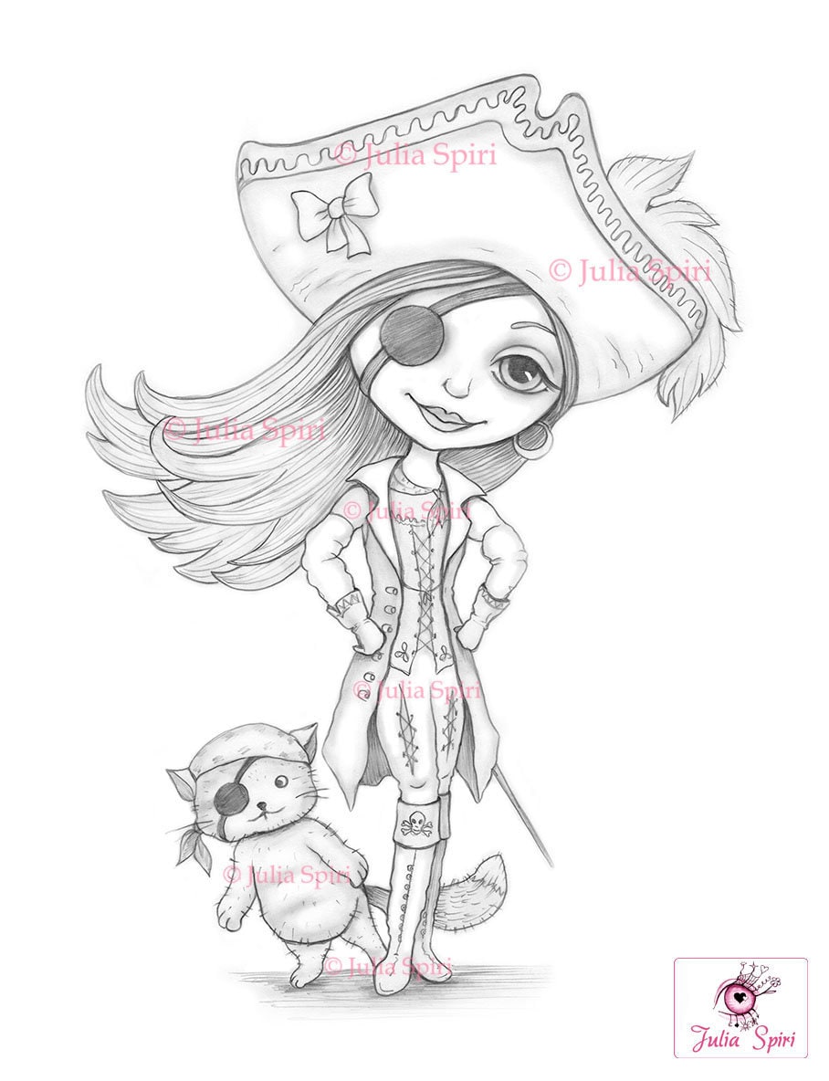 Pirate coloring page digital stamp digi girl cat pirates adventure fantasy crafting fairytale whimsy craft madison instant download