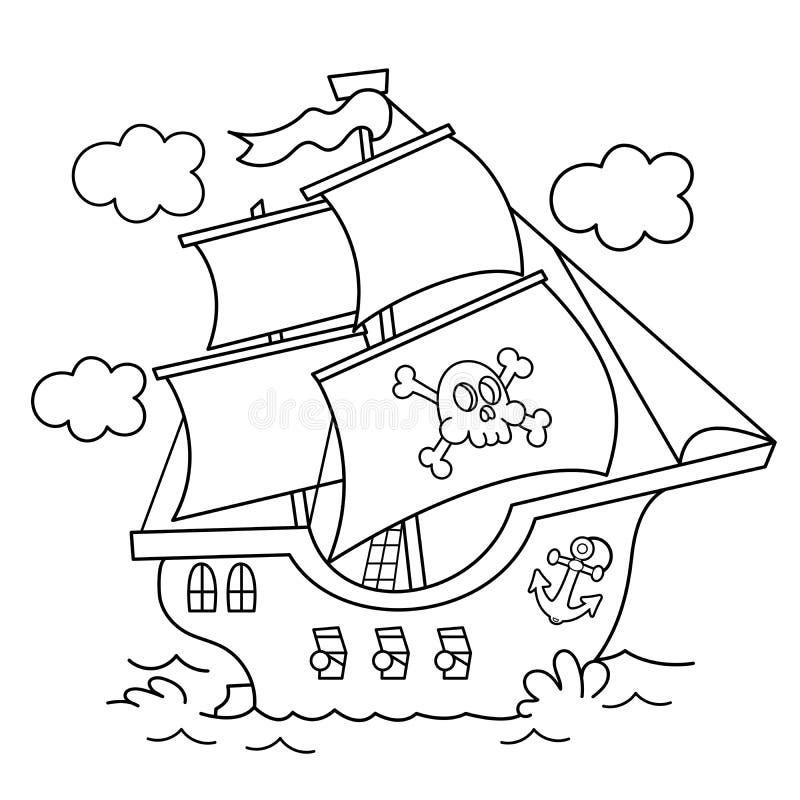 Coloring page outline of cartoon pirate ship sailboat with black sails with skull in sea drawing stock vector