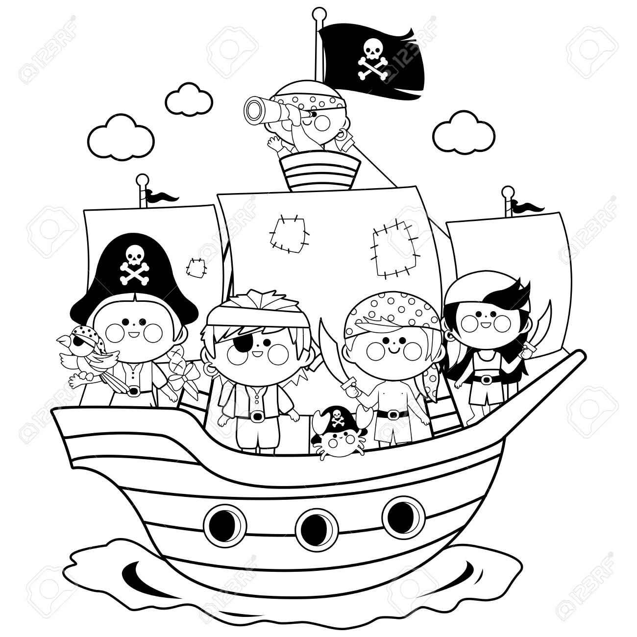 Pirate boys and girls sailing on a ship at the sea black and white coloring book page royalty free svg cliparts vectors and stock illustration image