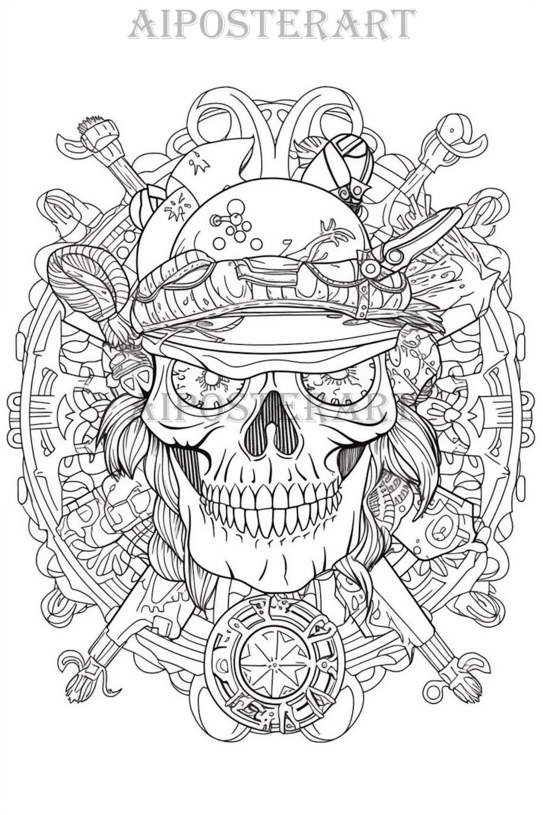 Detailed pirate motif coloring page for adults printable coloring sheet pirate skull coloring for adults x pixels