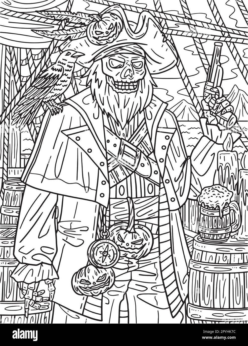 Halloween skeleton pirate coloring page for adults stock vector image art