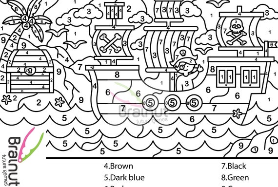 Color by numbers pirate shipcolor pagescolor by numbercolor by numbers for kidscolor pages printable