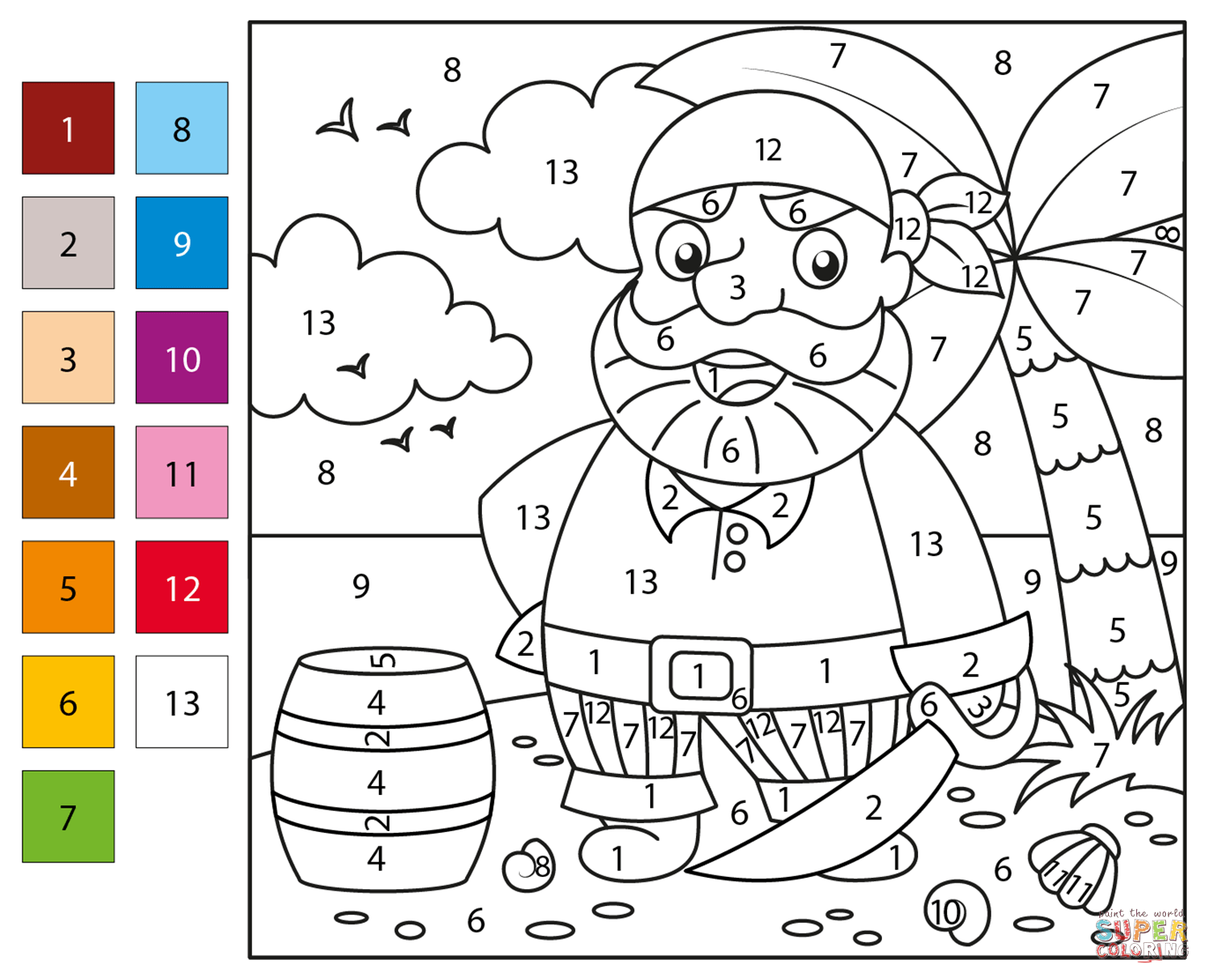 Pirate color by number free printable coloring pages