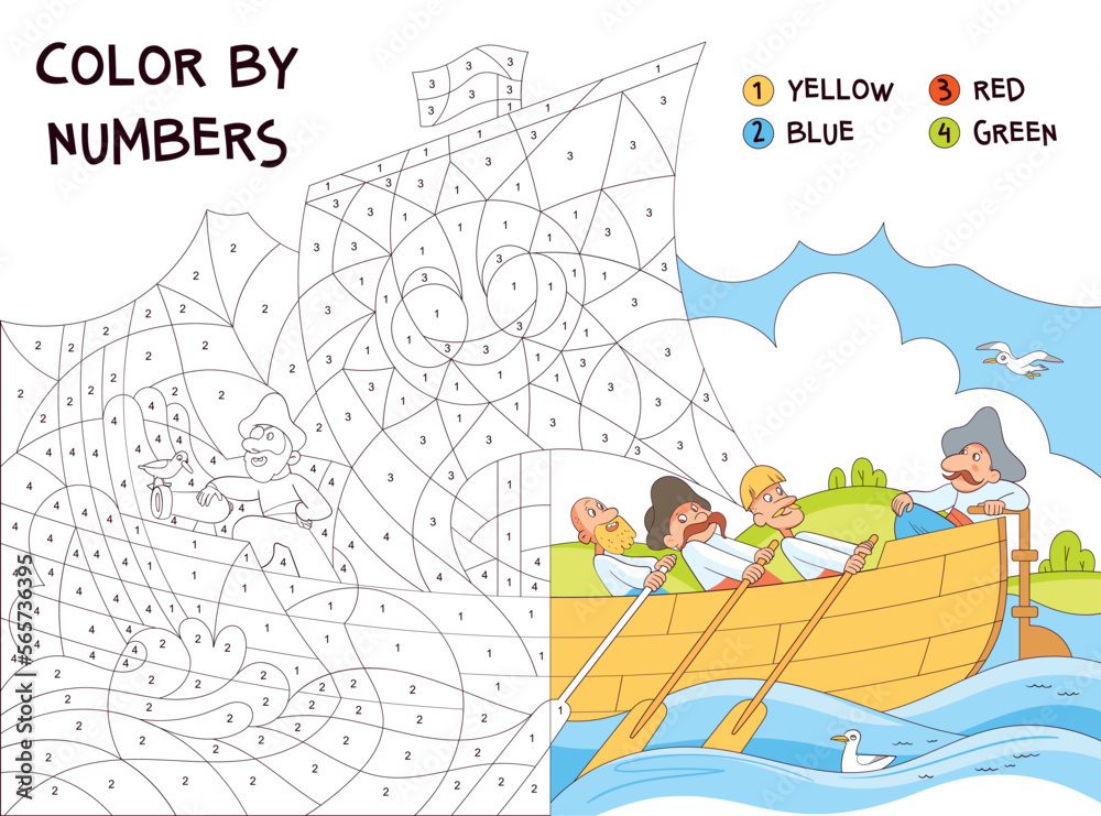 Color by numbers pirates sailing on a boat educational game for kids children coloring book colorful cartoon characters funny vector illustration vector
