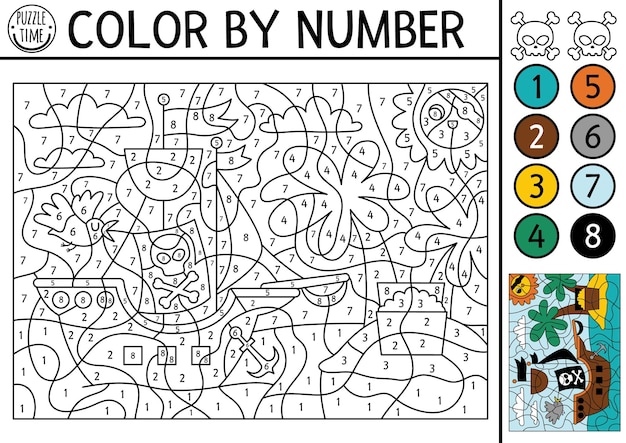Premium vector vector color by number activity with pirate ship treasure island scene black and white counting game with cute boat scull crossbones sea adventures coloring page for kidsxa