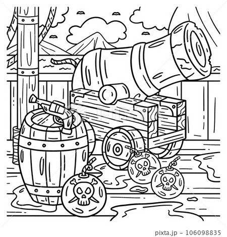 Pirate cannon and barrels coloring page for kidsãããããç æ