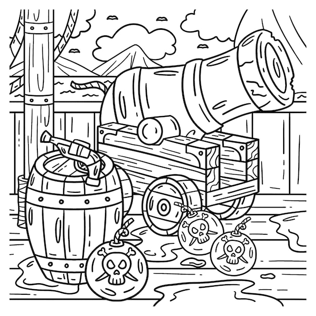Premium vector a cute and funny coloring page of a pirate cannon and barrels provides hours of coloring fun for children color this page is very easy suitable for little kids