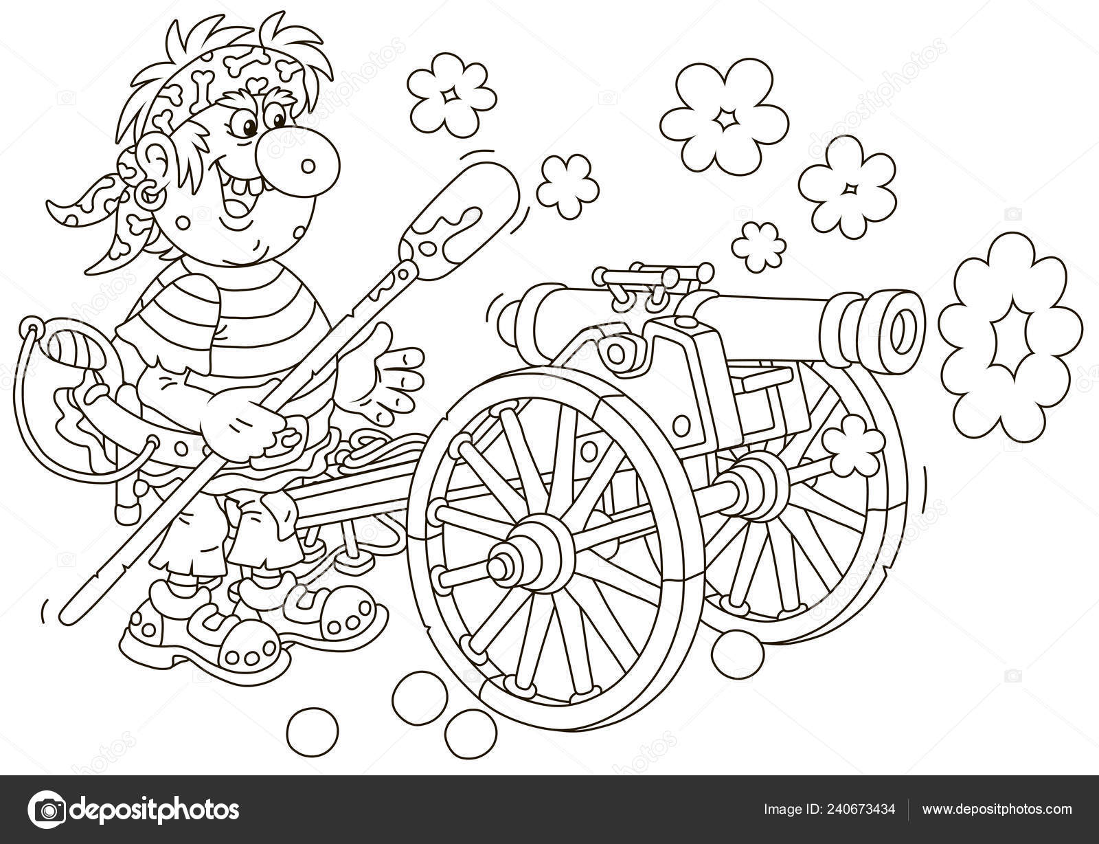 Sea pirate gunner shooting old ship cannon black white vector stock vector by alexbannykh