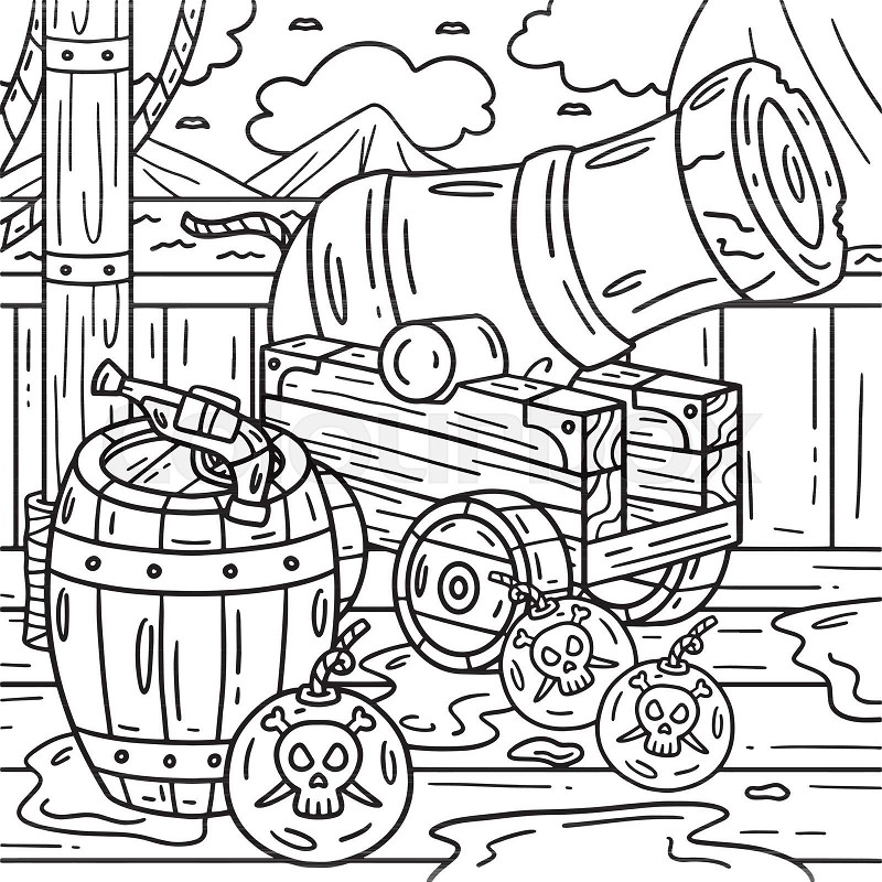 Pirate cannon and barrels coloring page for kids stock vector
