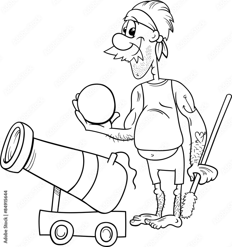 Pirate with cannon coloring page vector