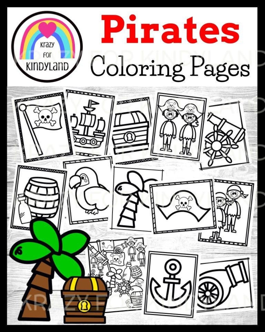 Pirate coloring pages booklet parrot cannon anchor ship treasure palm tree kids coloring pages coloring book kids coloring sheets