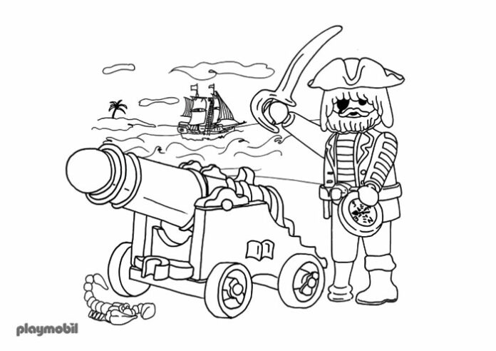 The pirate and the cannon coloring book to print and online