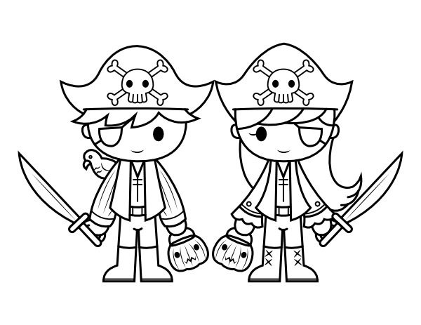 Printable pirate trick or treaters coloring page