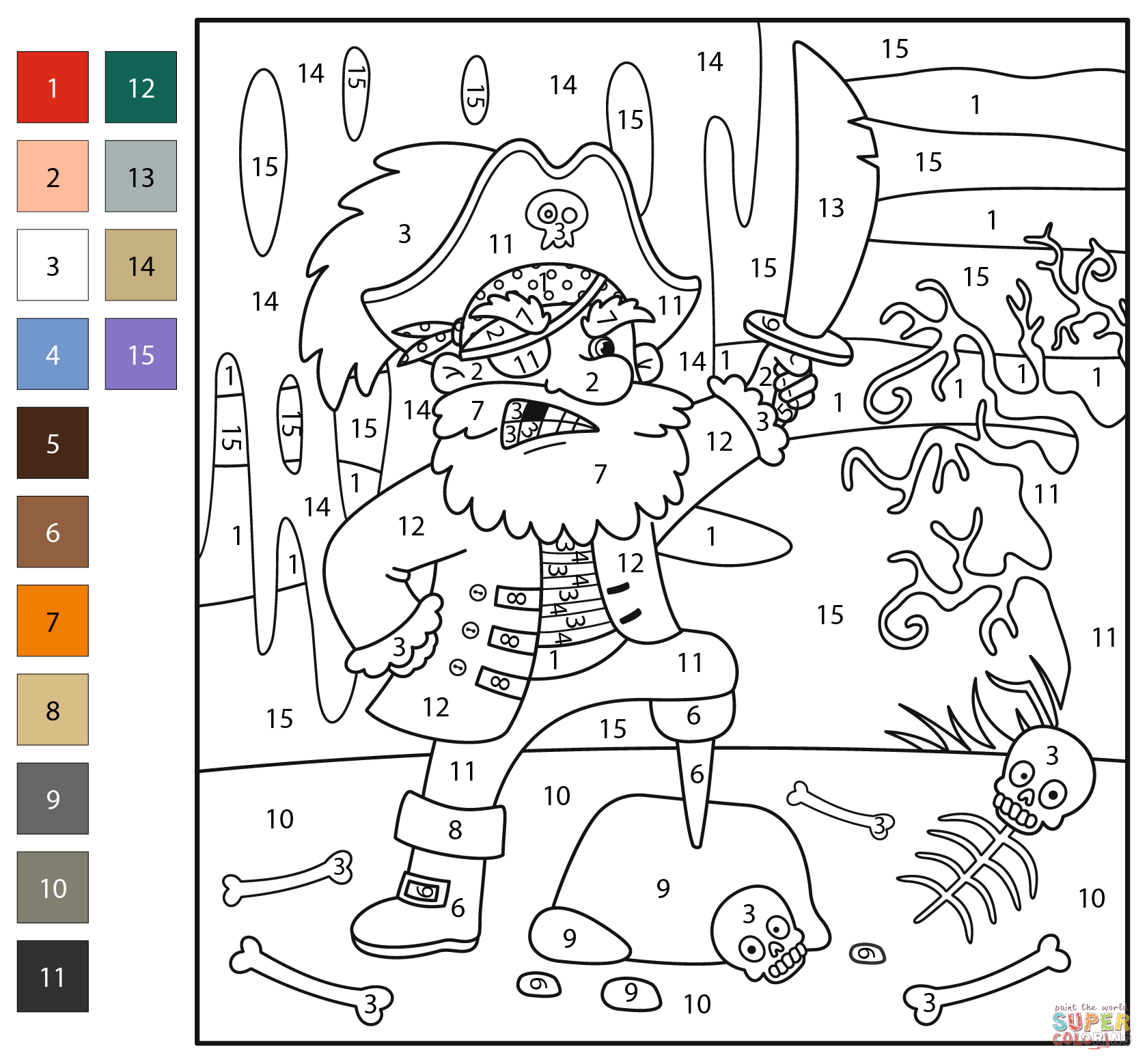 Pirate color by number free printable coloring pages