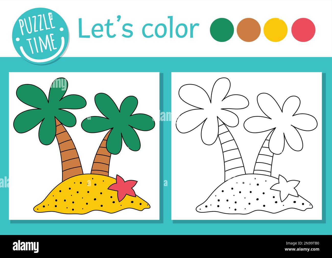 Pirate coloring page for children with palm trees vector treasure island outline illustration with cute deserted isle color book for kids with color stock vector image art