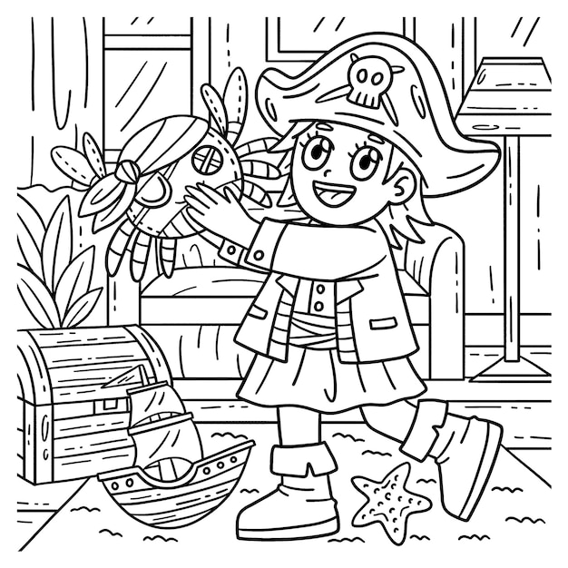 Premium vector a cute and funny coloring page of a child with a pirate crab toy provides hours of coloring fun for children color this page is very easy suitable for