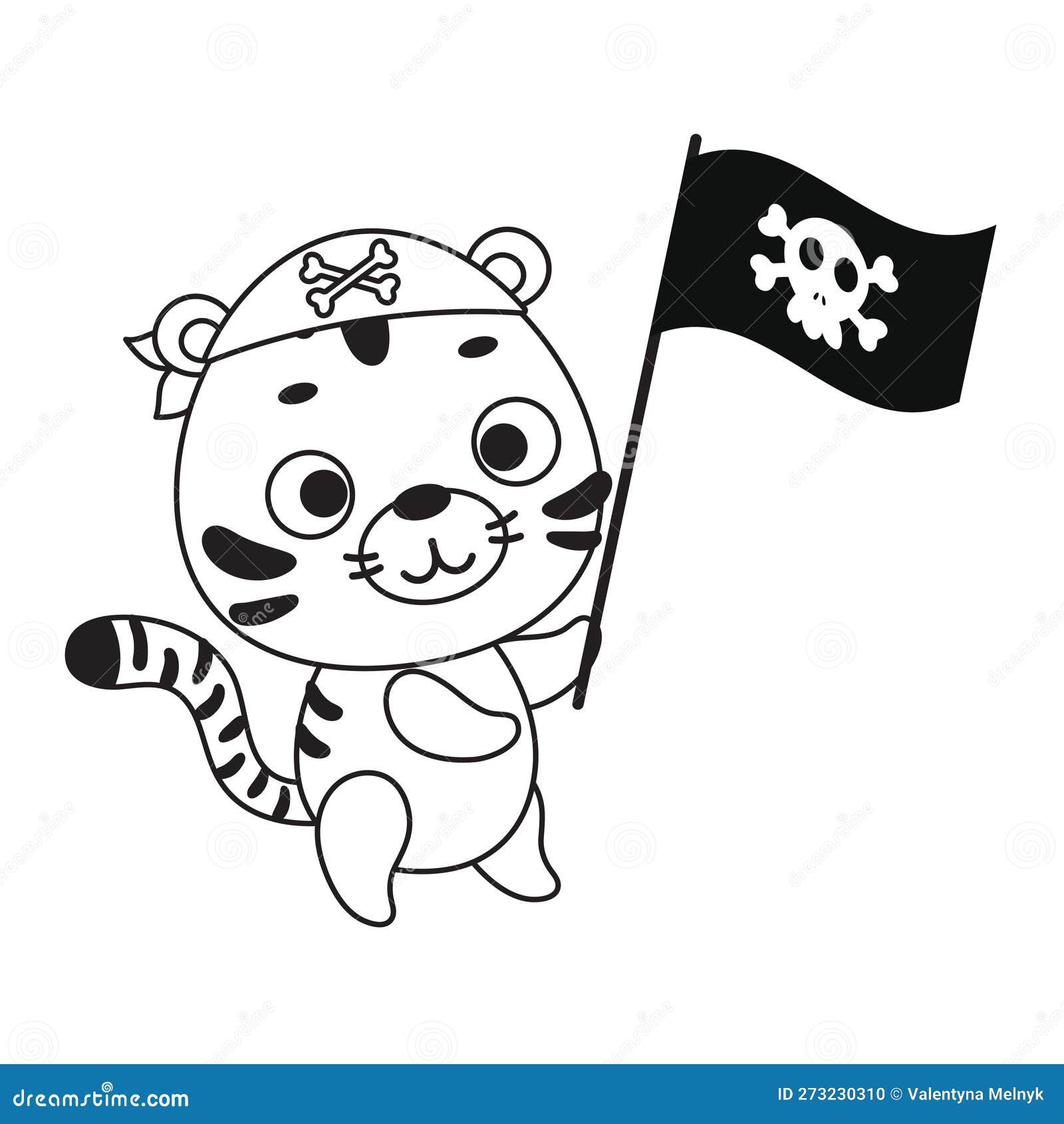 Coloring page cute little tiger with pirate flag coloring book for kids stock vector