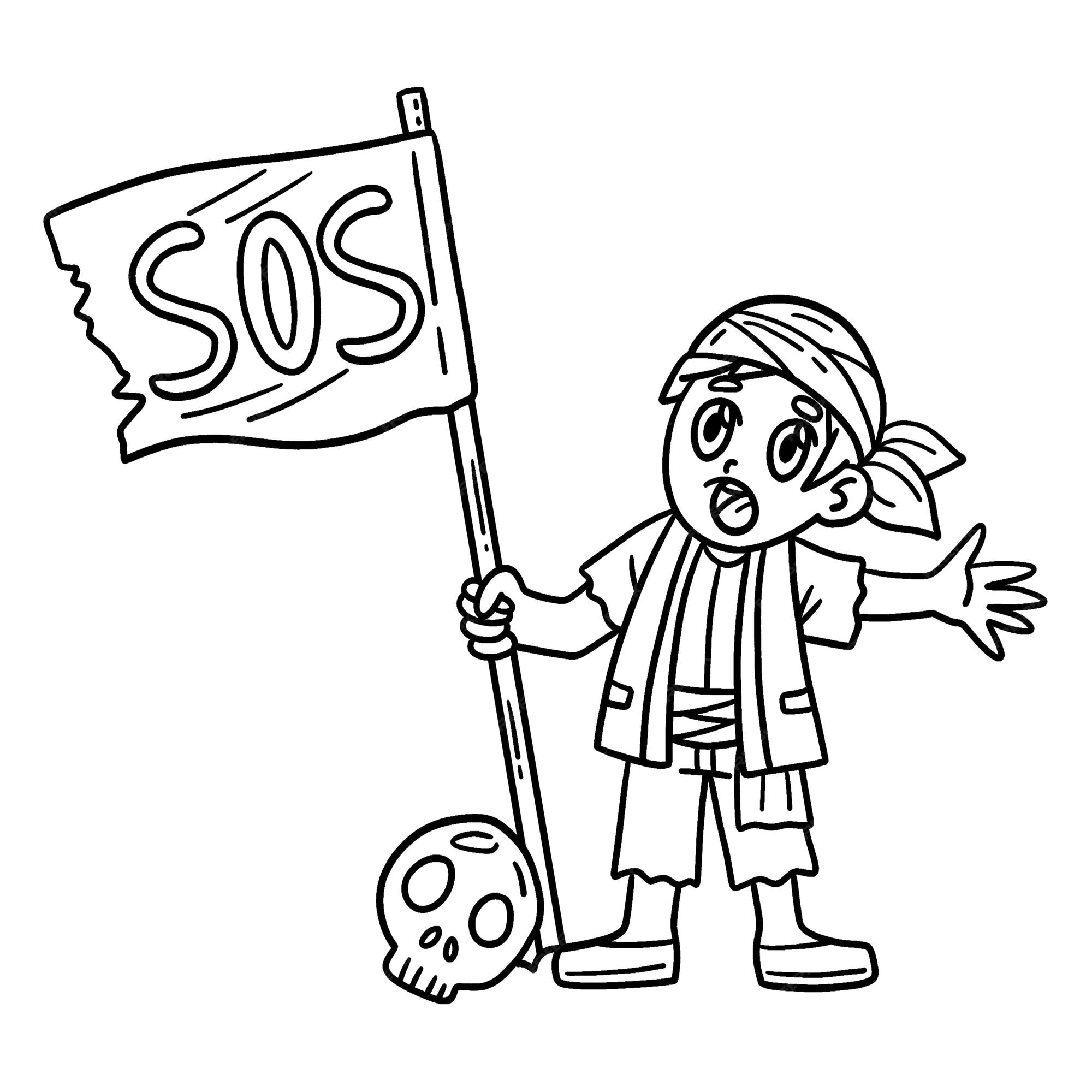 Premium vector a cute and funny coloring page of a pirate with an sos flag provides hours of coloring fun for children color this page is very easy suitable for little