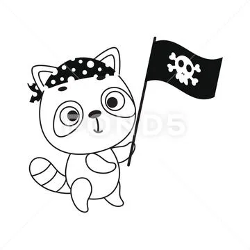 Coloring page cute little raccoon with pirate flag coloring book for kids clip art