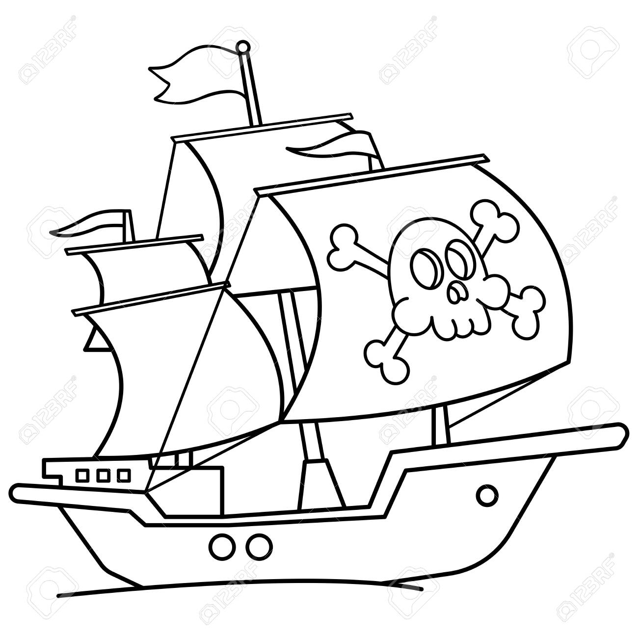 Coloring page outline of cartoon pirate ship sailboat with black sails with skull in sea drawing coloring book for kids royalty free svg cliparts vectors and stock illustration image