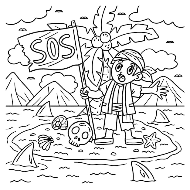 Premium vector a cute and funny coloring page of a pirate with an sos flag provides hours of coloring fun for children color this page is very easy suitable for little