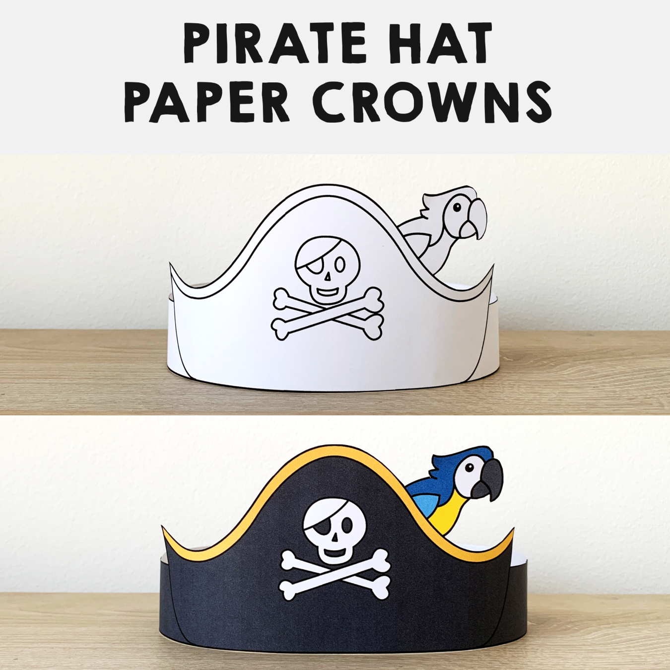Pirate hat paper crown coloring craft skull parrot made by teachers