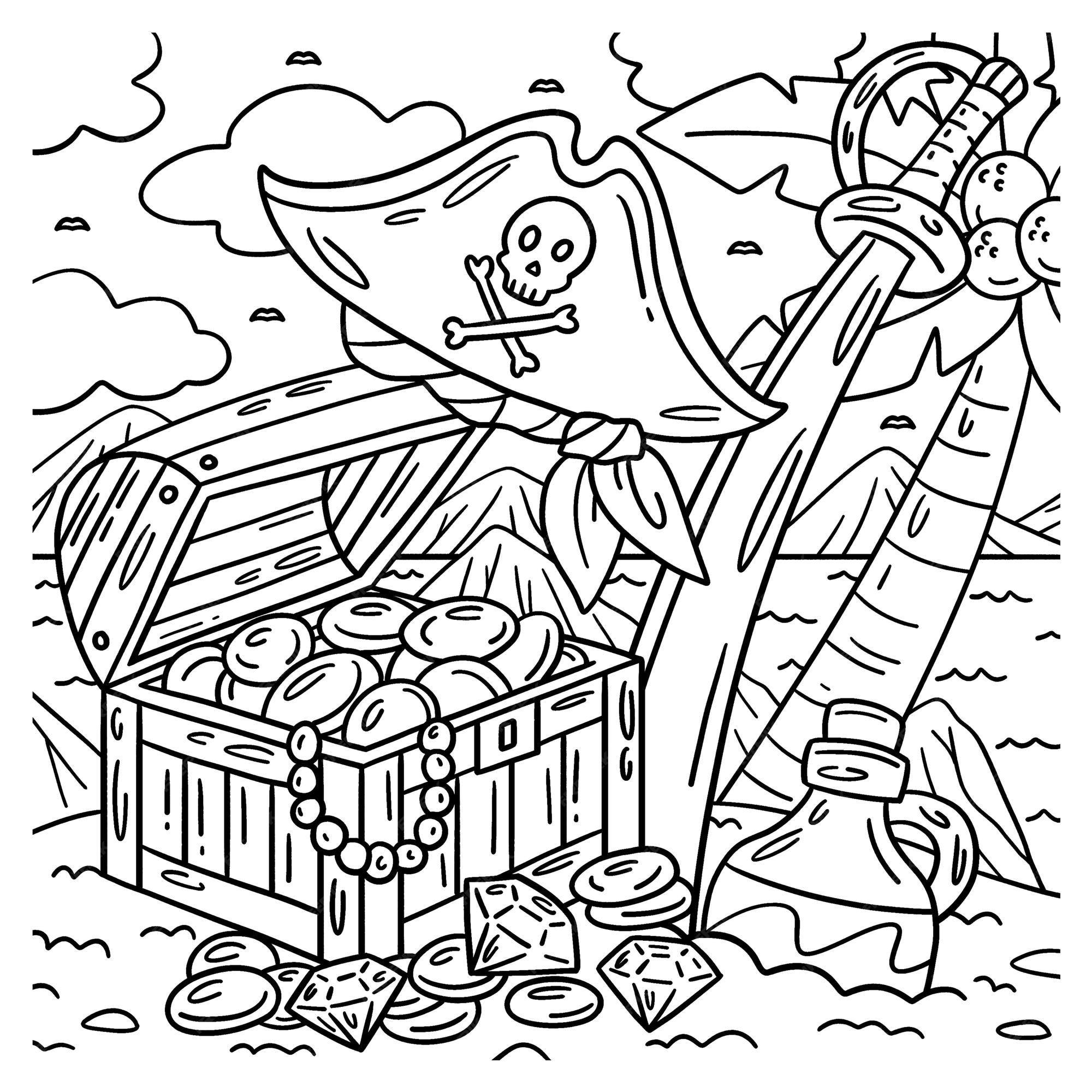 Premium vector a cute and funny coloring page of a pirate treasure hat and cutlass provides hours of coloring fun for children color this page is very easy suitable for little
