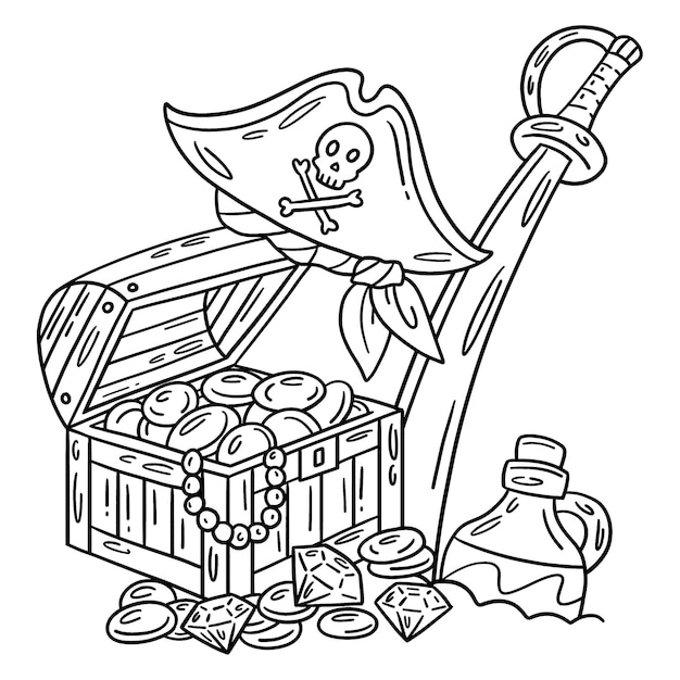 Premium vector a cute and funny coloring page of a pirate treasure hat and cutlass provides hours of coloring fun for children color this page is very easy suitable for little